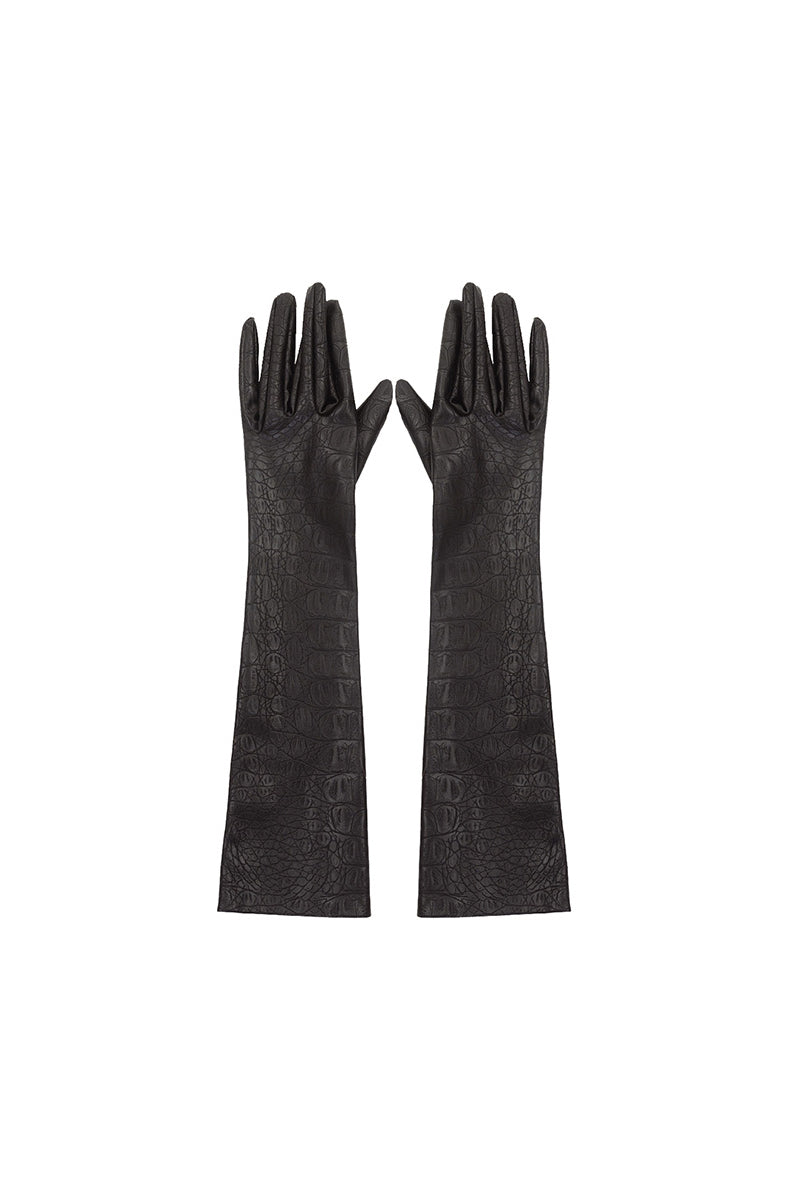 Black vegan leather gloves with crocodile embossing from Kris Marán, stylish and elegant for cold weather.