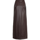 Brown maxi dress with high collar by Kris Marán, featuring elegant, flowing fabric and stylish design.