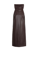 Brown maxi dress with high collar by Kris Marán, featuring elegant, flowing fabric and stylish design.