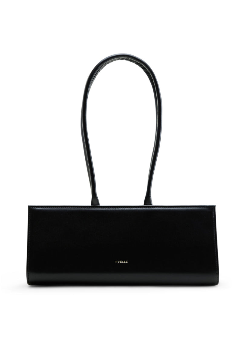 Black POELLE CECILIE top handle bag with sleek design and structured shape, featuring a gold-tone clasp and smooth leather finish.