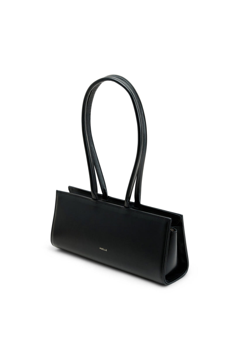Poelle Cecilie black top handle bag with sleek design and structured shape, featuring a stylish carry handle and minimalist details.