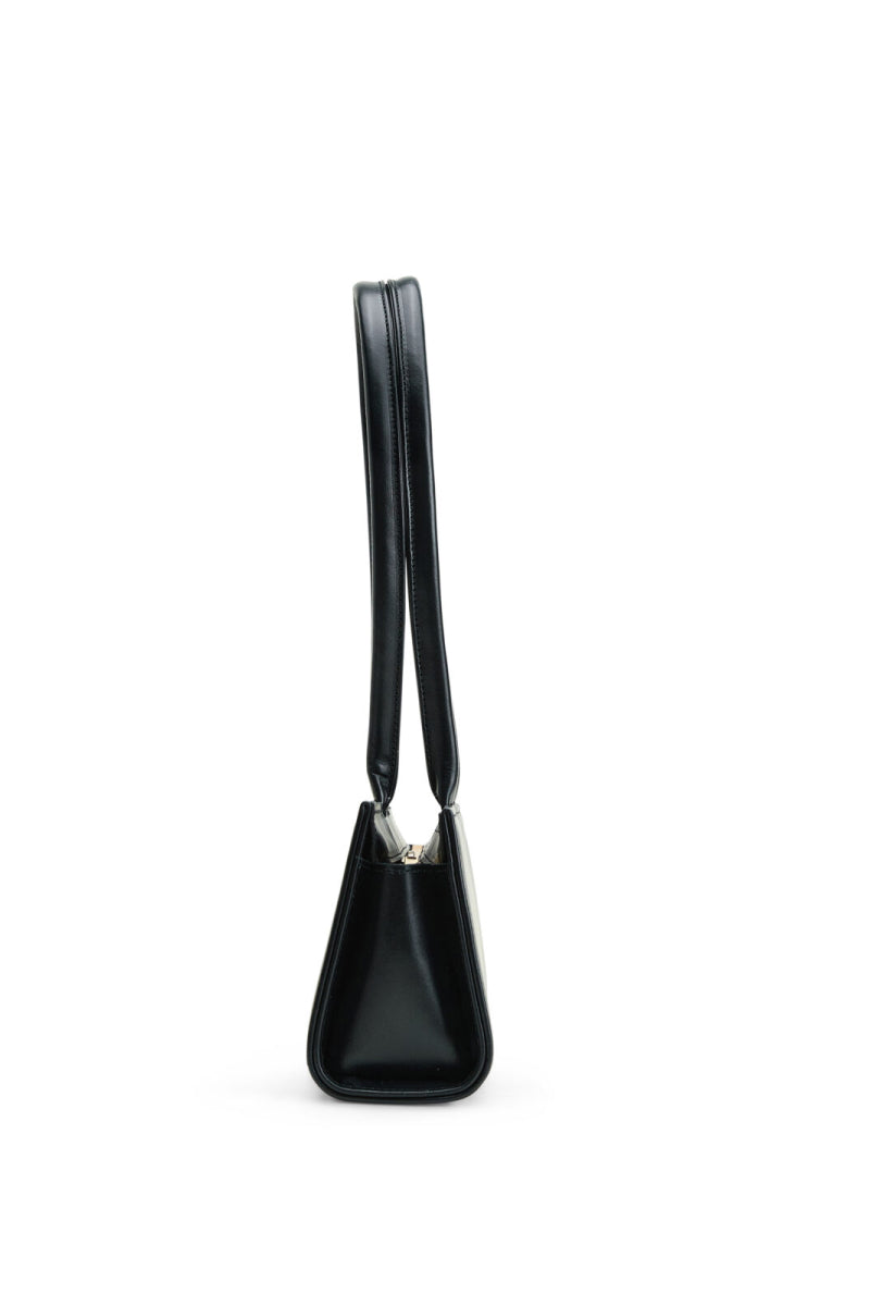 Black POELLE CECILIE top handle bag with sleek design and gold-tone hardware, featuring a structured silhouette and elegant carry handle.