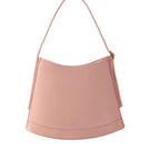 Pink POELLE Bell mini top handle bag with gold hardware and adjustable strap, stylish accessory for everyday use.
