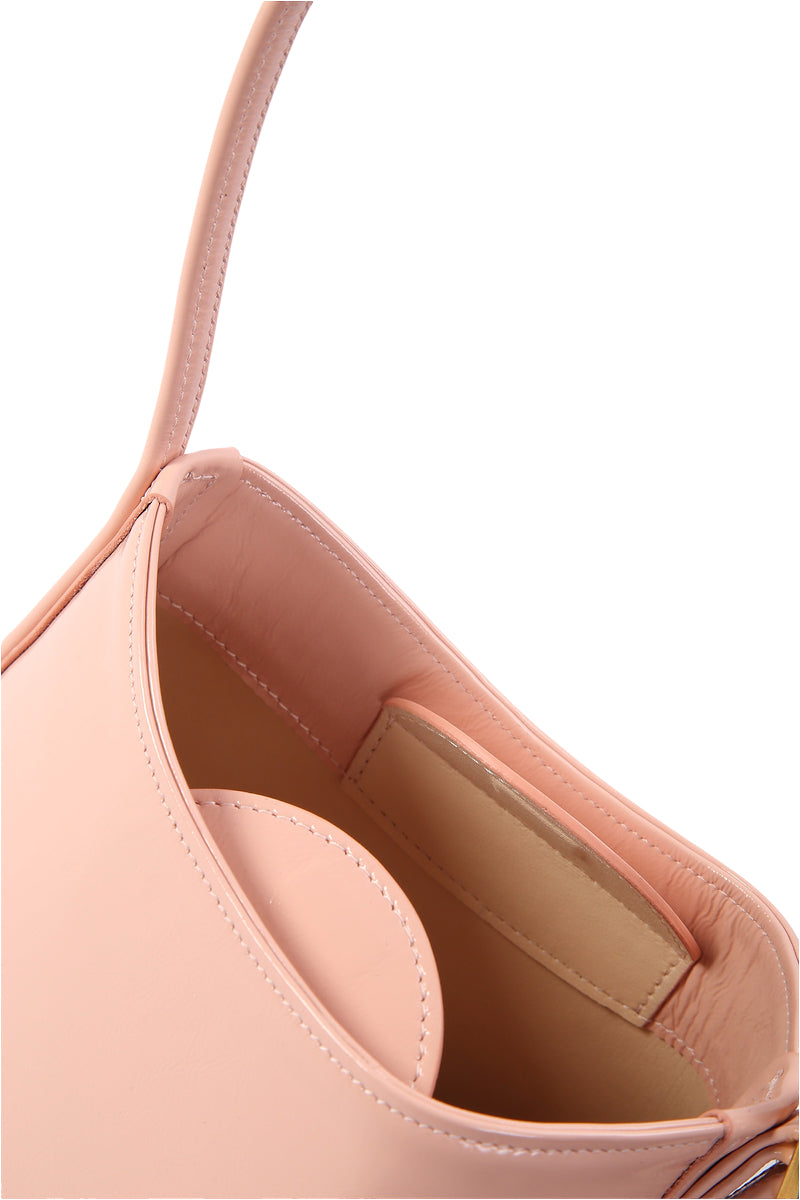 Pink POELLE Bell mini top handle bag featuring a sleek design and compact size, perfect for stylish everyday use.