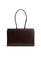 Poelle Carolyn tote bag in medium-sized brown suede, stylish shoulder bag with sleek design and soft texture.