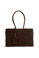 Medium dark brown leather Carolyn tote bag by POELLE, stylish shoulder bag with spacious interior and sleek design.