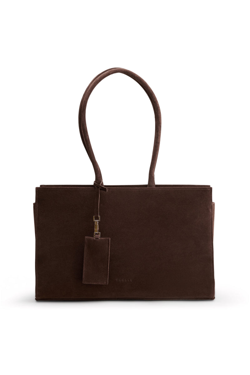 Medium dark brown leather Carolyn tote bag by POELLE, stylish shoulder bag with spacious interior and sleek design.