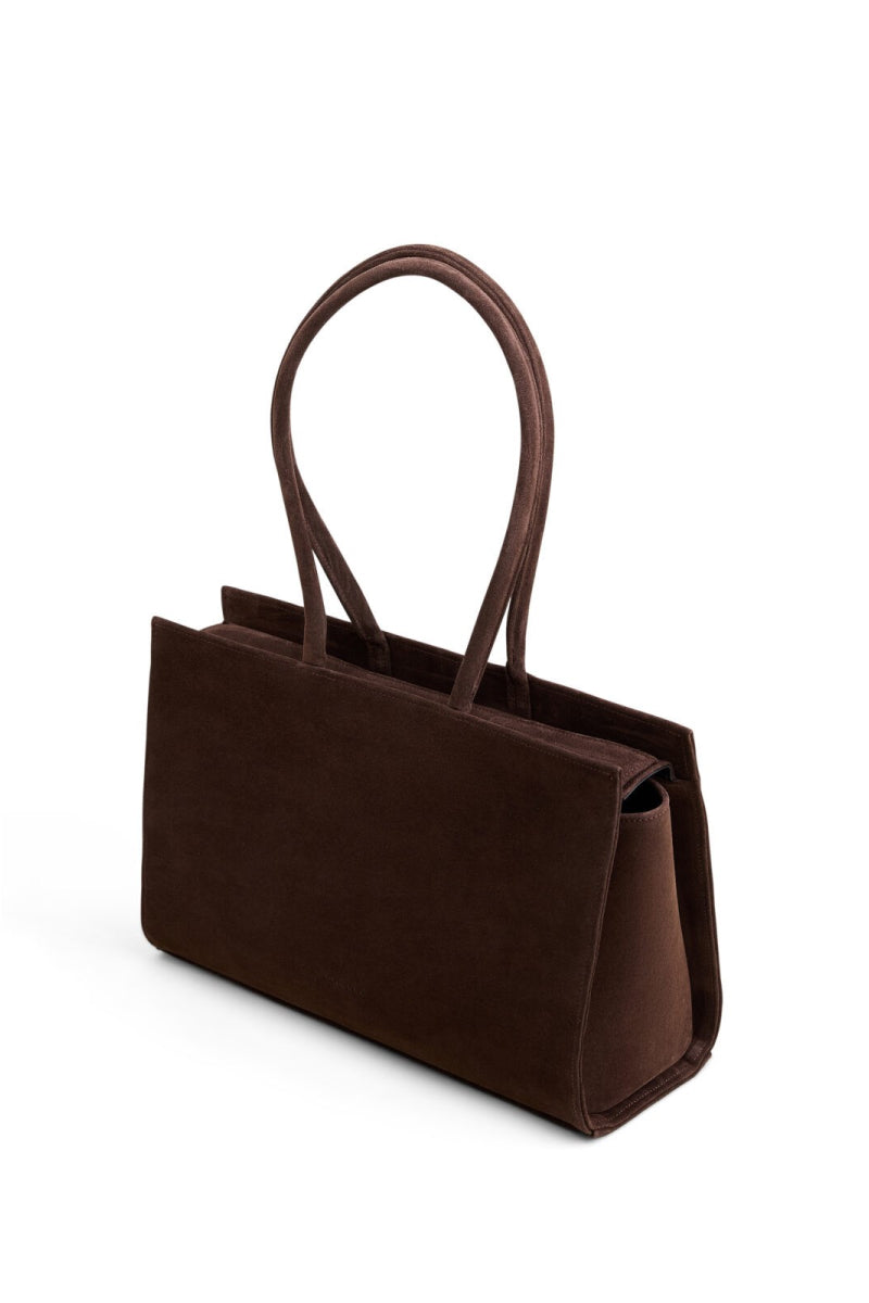 Medium POELLE Carolyn leather tote bag in dark brown, shoulder bag with sleek design and sturdy top handles.