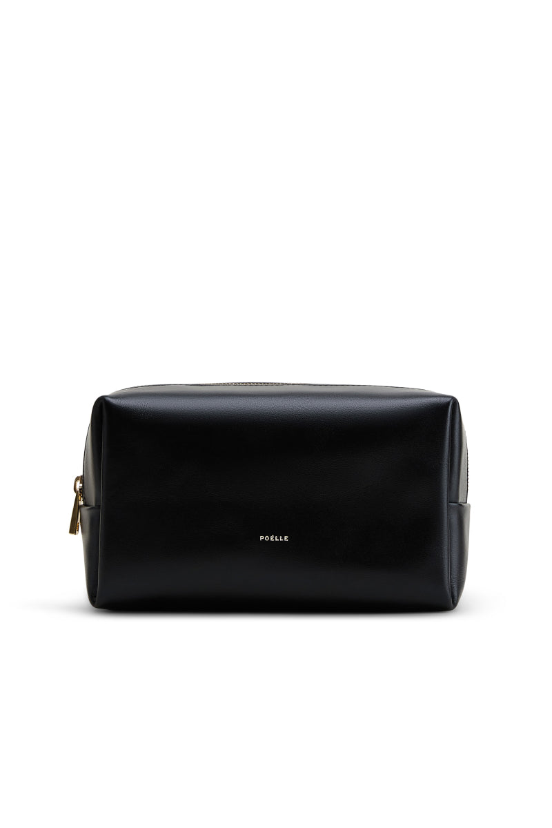 Poelle black clutch make-up bag with sleek design, compact size, and smooth exterior, perfect for cosmetics and accessories storage.