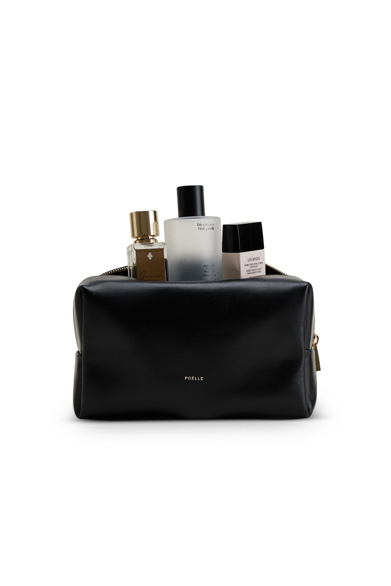 Black POELLE make-up bag clutch with sleek design, compact size, perfect for storing cosmetics and beauty essentials.