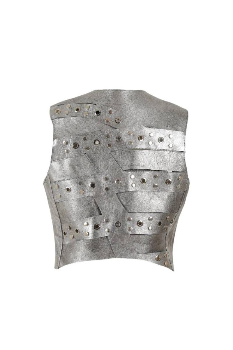 Double A Aiden studded leather vest in washed silver with metal studs, showing the front design and textured leather material.