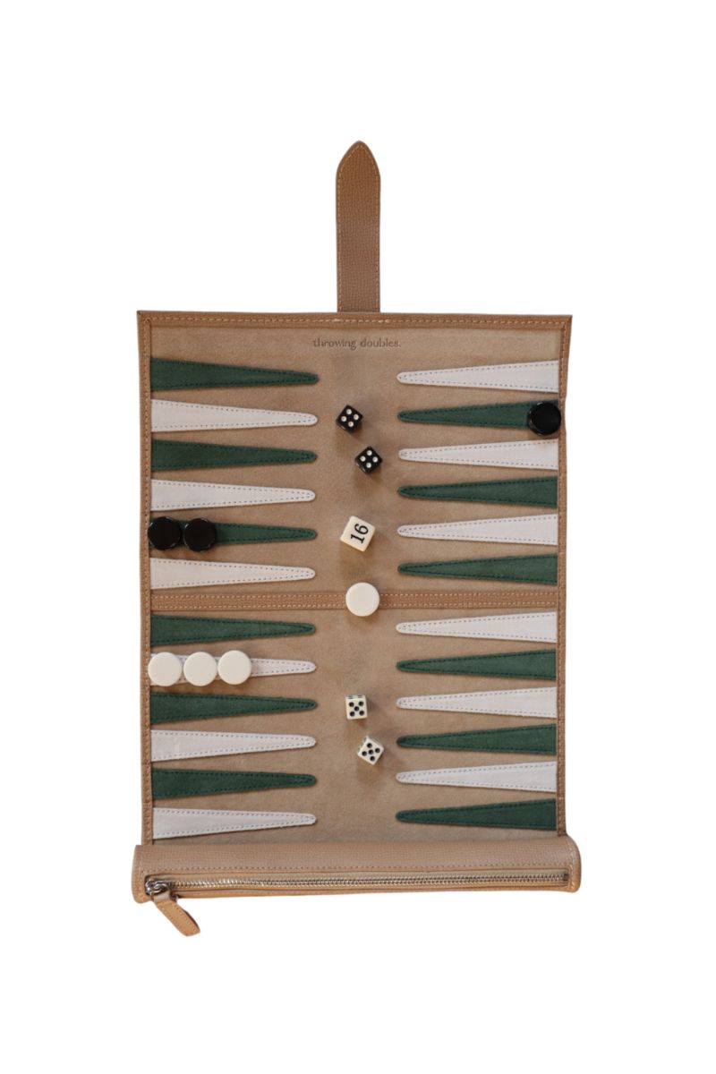 Travel Backgammon board in Tulum design by Throwing Doubles, featuring colorful game pieces and a compact travel-friendly layout.