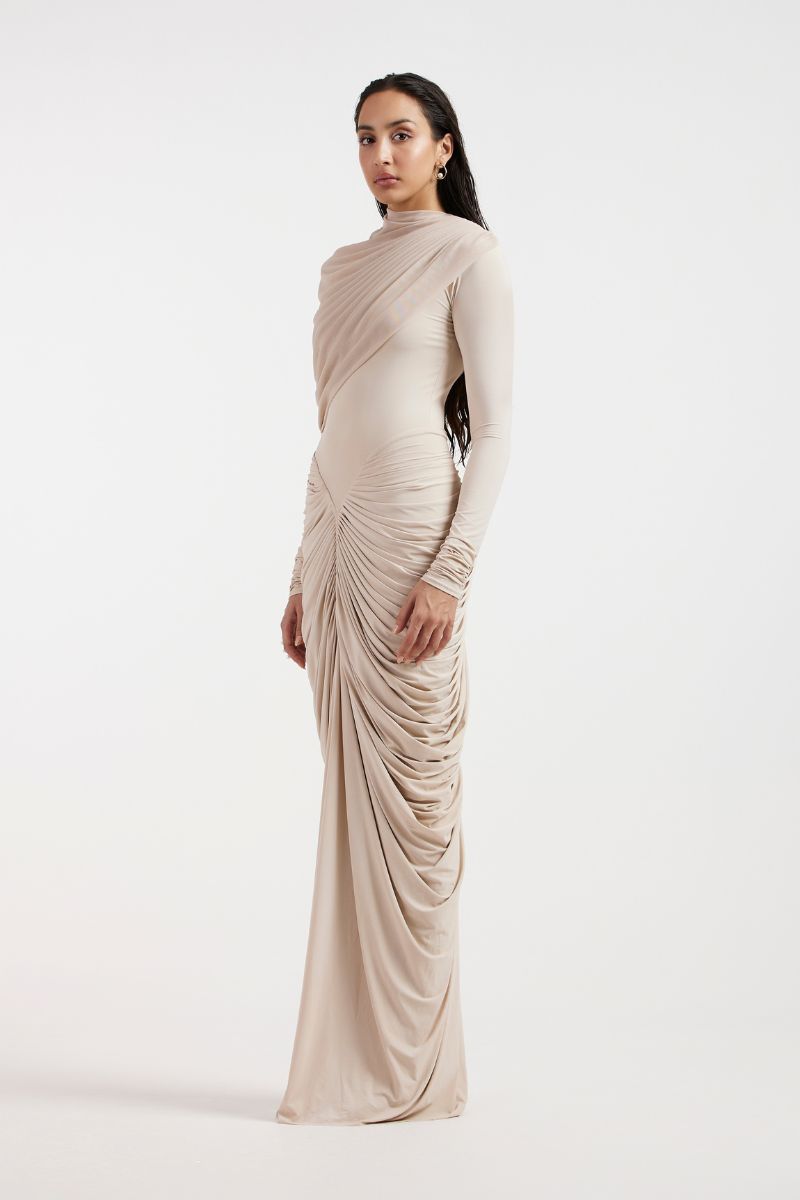 ELORA BEIGE DRAPED GOWN | CULT MIA | Deme By Gabriella ELORA BEIGE DRAPED GOWN | CULT MIA | Deme By Gabriella
