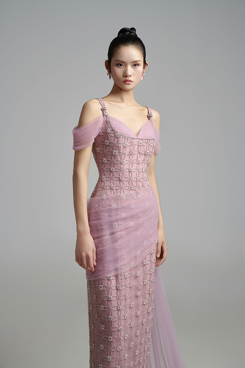 LIGHT PURPLE CRYSTAL MAXI DRESS - CULT MIA