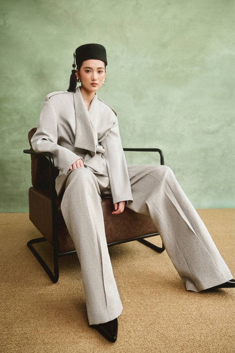 White Plan Modern Oriental Structured Co-ords set featuring a stylish top and matching pants with intricate patterns.