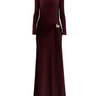 Red CORVINA draped floor length gown by Maison Des Copains, elegant formal dress with flowing fabric and sophisticated design.