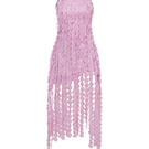 AISA Lavenia mini dress in vibrant fabric, sleeveless design, and fitted silhouette, displayed on a hanger against a plain background.