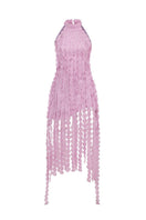 AISA Lavenia mini dress in vibrant fabric, sleeveless design, and fitted silhouette, displayed on a hanger against a plain background.