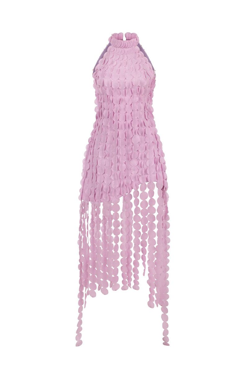AISA Lavenia mini dress in vibrant fabric, sleeveless design, and fitted silhouette, displayed on a hanger against a plain background.