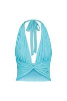 Stolen Stores Betta Draped Halter Mini Top in Fullmoon Blue, featuring a stylish draped design and halter neckline.