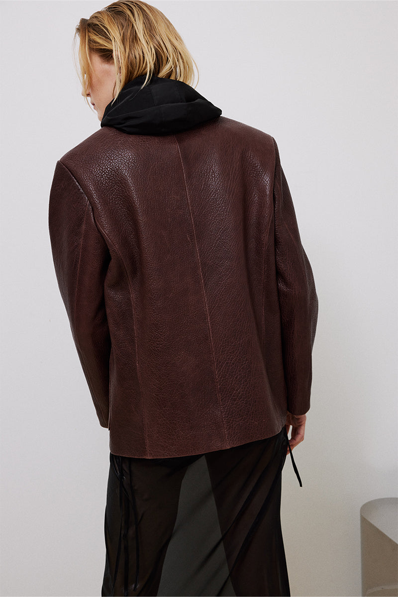 BROWN LEATHER MID-OVERSIZED JACKET - CULT MIA