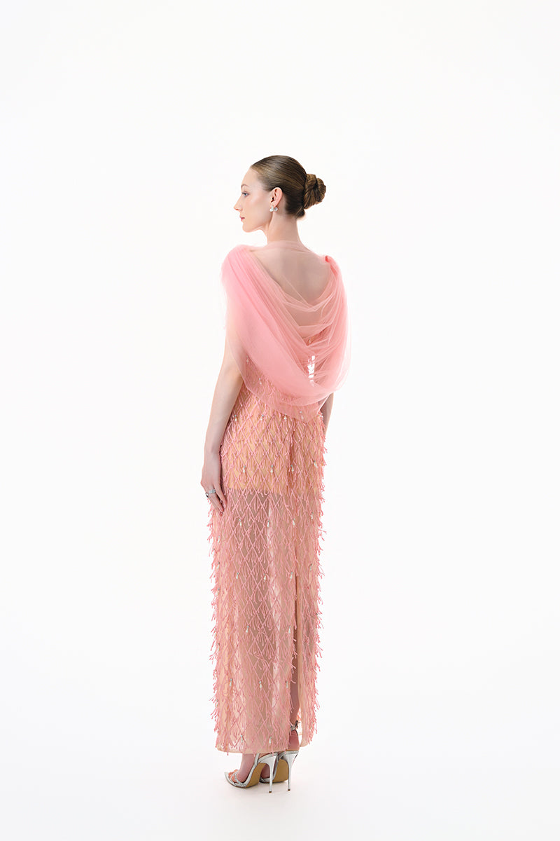 Peach beaded sheer overlay gown by Happy Clothing, featuring intricate beadwork and flowing fabric, elegant evening wear.