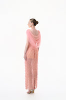 Peach beaded sheer overlay gown by Happy Clothing, featuring intricate beadwork and flowing fabric, elegant evening wear.