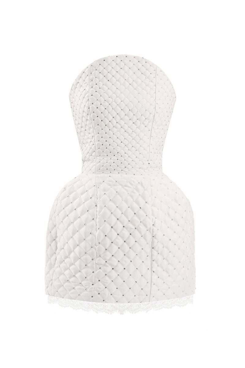 WHITE CRYSTAL QUILTED MINI DRESS - CULT MIA