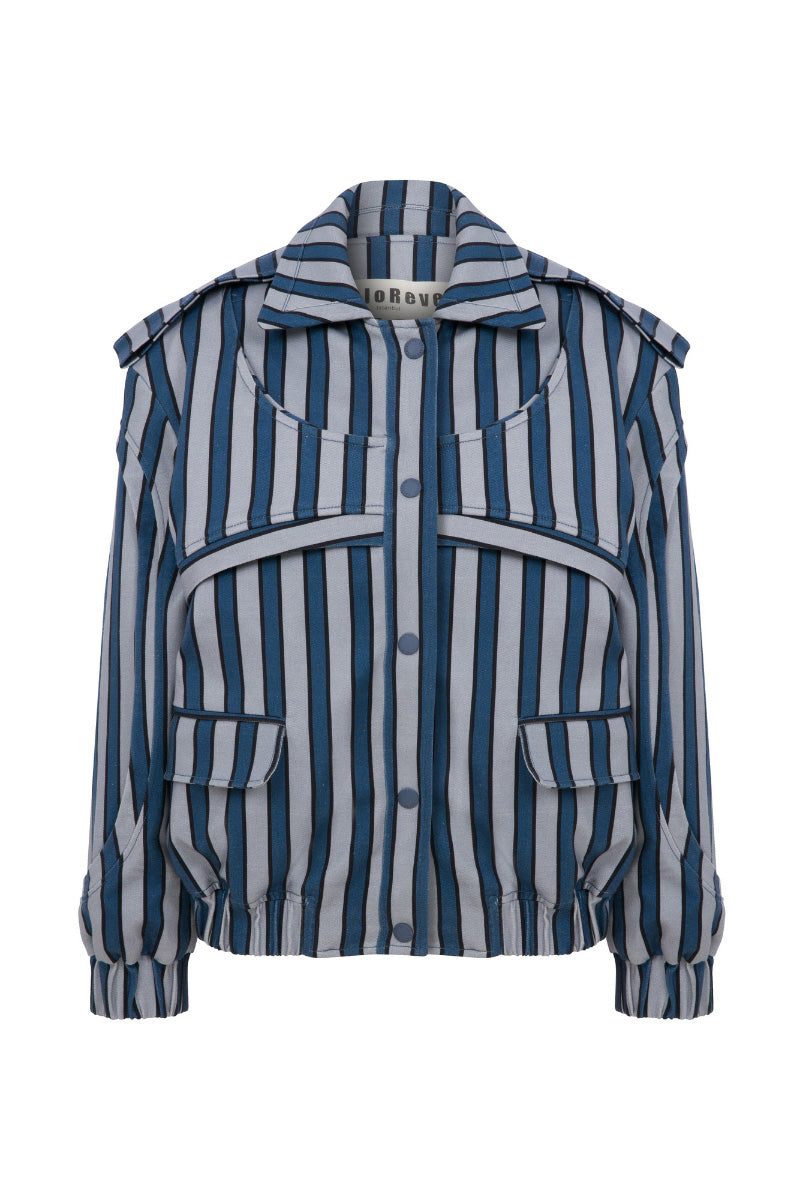 Blue striped Cave Biker Jacket by ColoReve, featuring a stylish and casual design perfect for everyday wear.