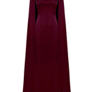 Long burgundy gown by HACCHIC COUTURE featuring long sleeves and elegant flowy fabric.