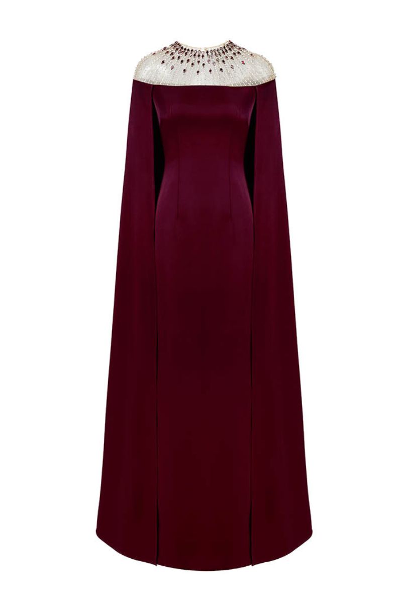 LONG SLEEVE GOWN IN BURGUNDY - CULT MIA