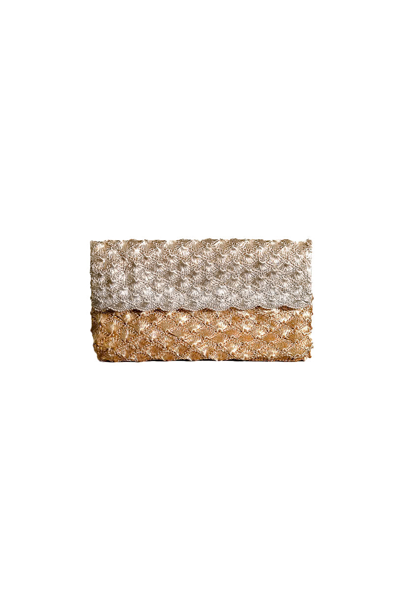 Silver and gold seashell clutch bag by VERDI, stylish small evening purse with intricate shell design.