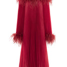 Red Valenciani midi dress featuring ostrich feather trim and pleated design, stylish and elegant for special occasions.
