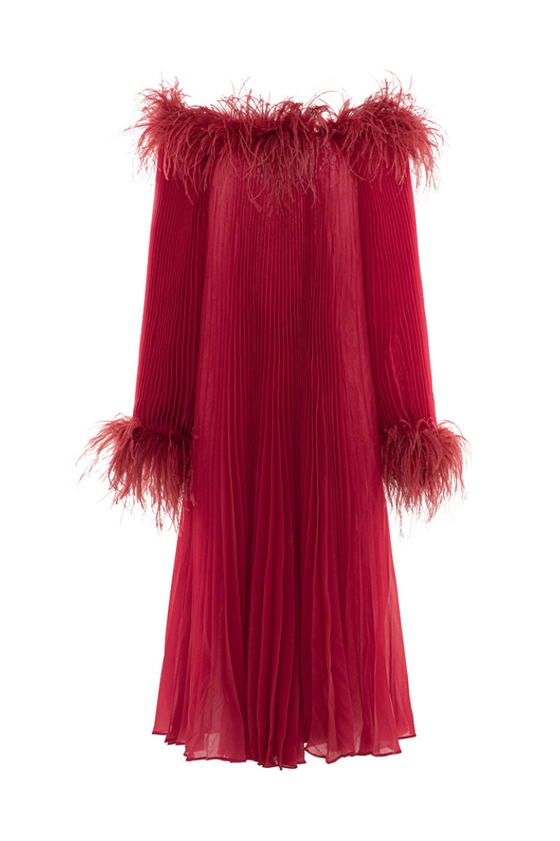 Red Valenciani midi dress with ostrich feather trim and pleated design, showcasing elegant fabric and stylish detailing.