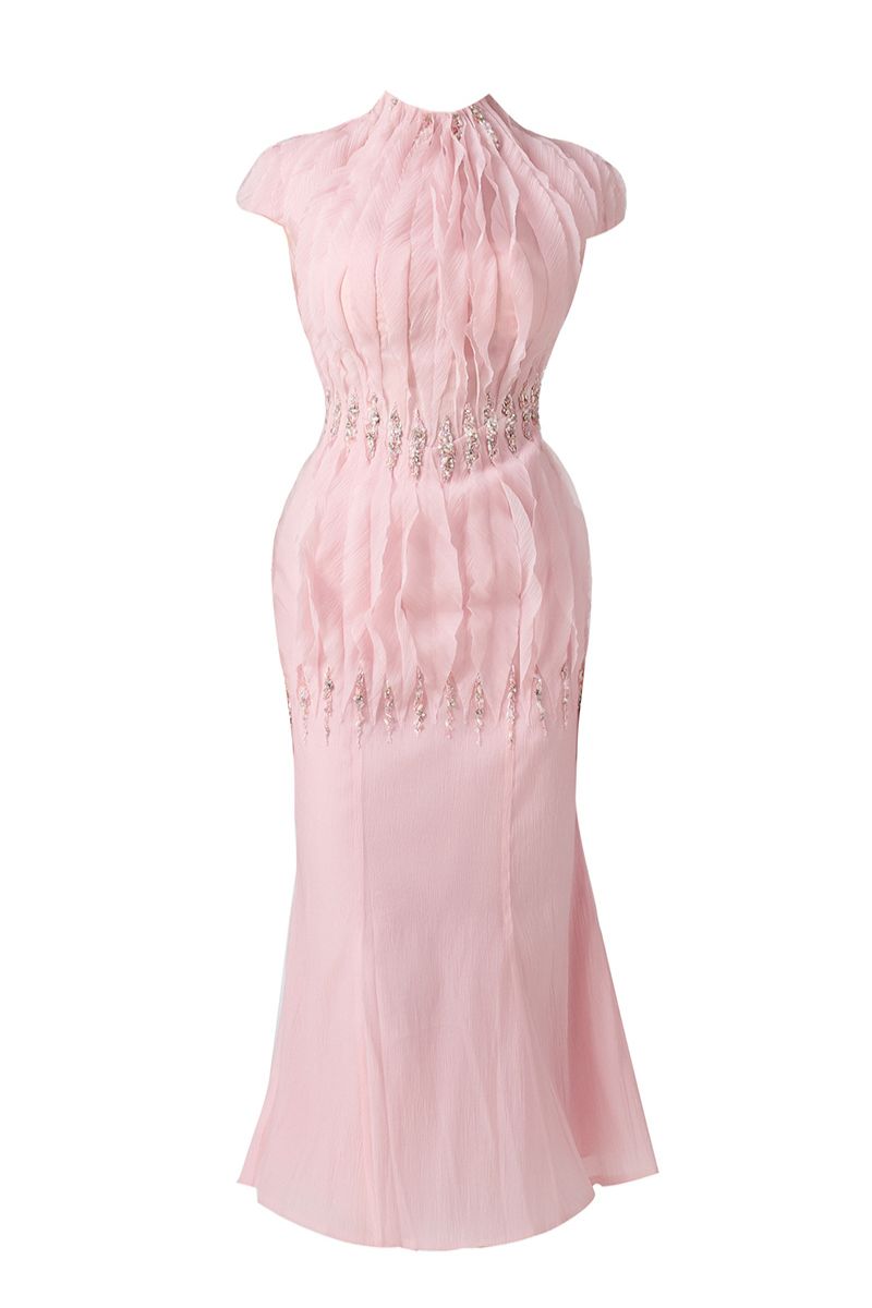 PINK MERMAID CAP SLEEVED SILK ORGANZA MIDI DRESS - CULT MIA