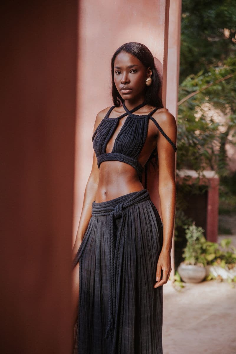 Kasia Kulenty Aphrodite Set in Midnight co-ord set featuring a matching top and pants in deep midnight blue fabric.