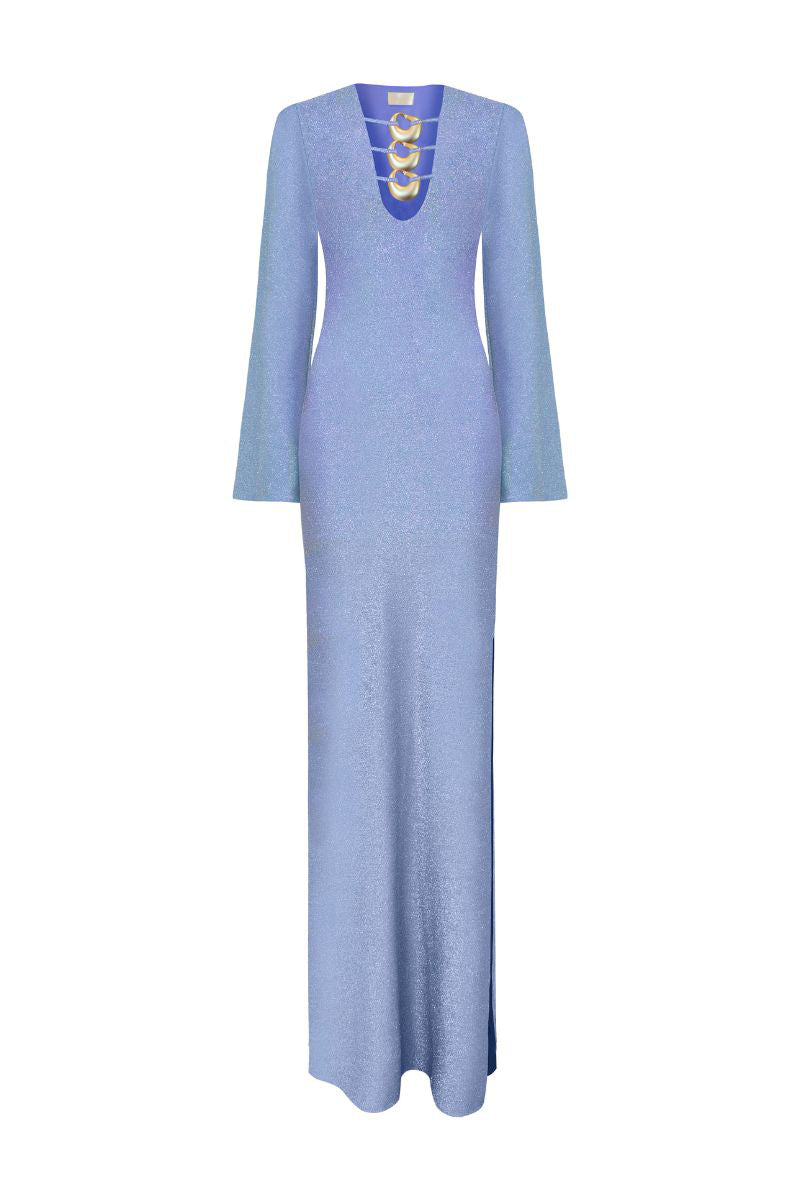 Blue Laura Escobar Baru long maxi dress with flowing fabric and elegant design, perfect for summer or special occasions.