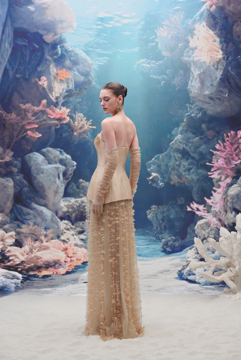 Beige KAILANI Royal Taffeta, Tulle, and Organza gown by 21Six, featuring elegant layers and intricate fabric details.