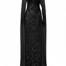 Black sequined lace gown by 21Six featuring intricate lace and shimmering sequins, elegant long-sleeve design for formal occasions.