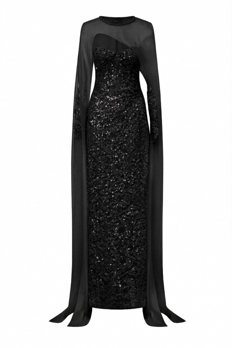 Black Annelise sequin lace gown by 21Six, featuring intricate lace details and shimmering sequins for an elegant evening look.