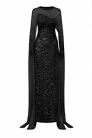 Black sequined lace gown by 21Six featuring intricate lace and shimmering sequins, elegant long-sleeve design for formal occasions.
