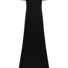 Black Lili Blanc classic knit A-line maxi dress displayed on a model, showcasing its elegant silhouette and soft fabric.