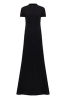 Black Lili Blanc classic knit A-line maxi dress displayed on a model, showcasing its elegant silhouette and soft fabric.