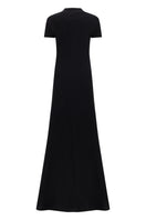 Black Lili Blanc classic knit A-line maxi dress displayed on a hanger, showcasing its elegant, flowing silhouette and knit texture.
