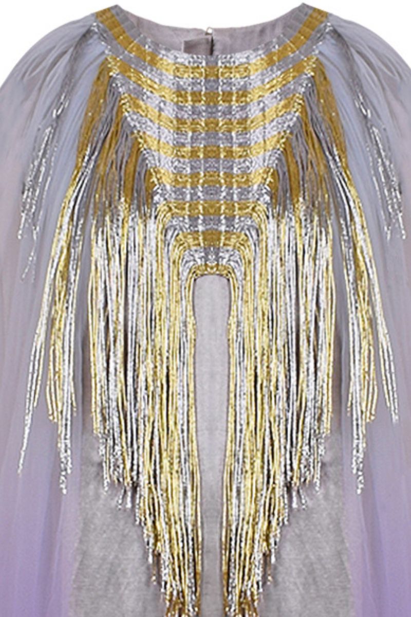 SILVER TRIANGULAR METALLIC TULLE KAFTAN - CULT MIA