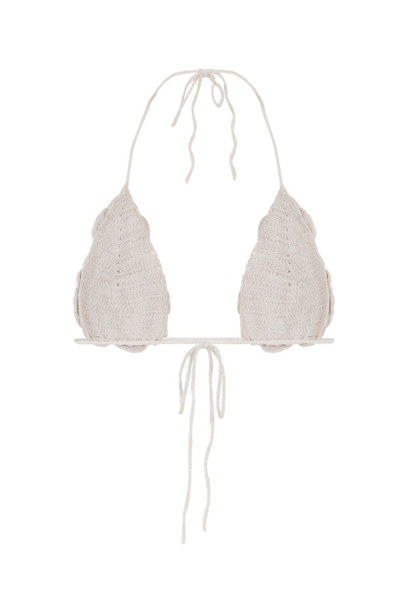 Crochet flower bra top by Mirel Prentice featuring intricate floral crochet design and supportive straps.