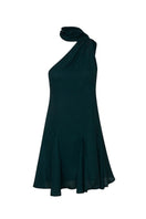 Baobab ARI mini dress in forest green, sleeveless with a fitted waist and flowing skirt, hanging on a hanger.