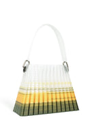 Touchless CULT MIA X top handle handbag with green and yellow pleated ombre design and touchless closure.