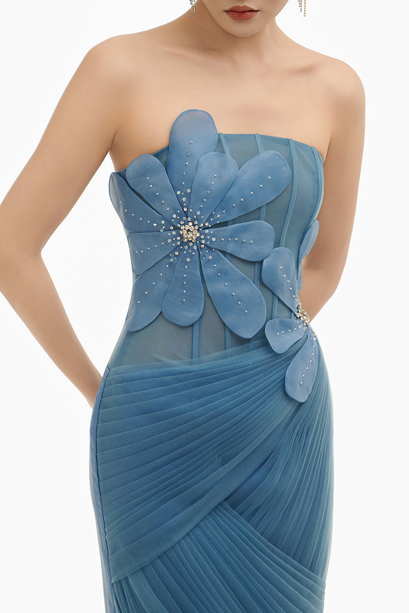 3d floral maxi dress BLUE 3D FLORAL DRAPED MAXI DRESS | CULT MIA