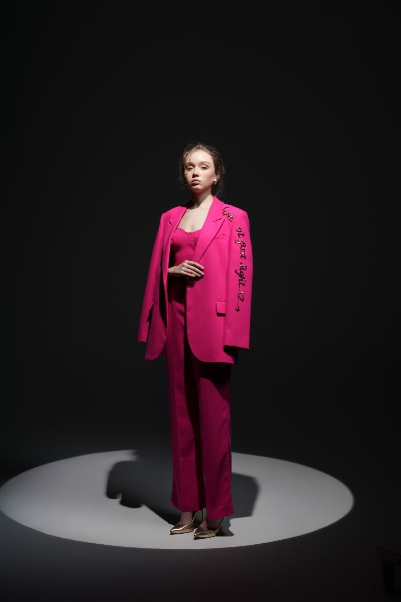 Pink Erica texture attached jacket set co-ords by 21Six, featuring a stylish matching jacket and pants with textured fabric.